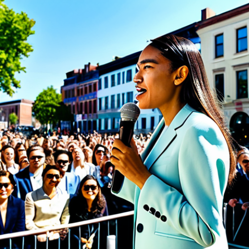 AOC Speaking to a Crowd**

"Alexandria Ocasio-Cortez giving a passionate speech to a diverse crowd in a sunny town square, fully clothed in a professional blazer and dress pants, holding a microphone, with a friendly and engaged audience visible in the background. Authentic expression, perfect anatomy, natural pose, appropriate content, safe for work, professional photography, high quality."

**